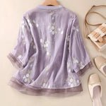 Women's Floral Embroidered Blouse Long Sleeve Button-Down Sheer Casual Summer Top - Victrafia