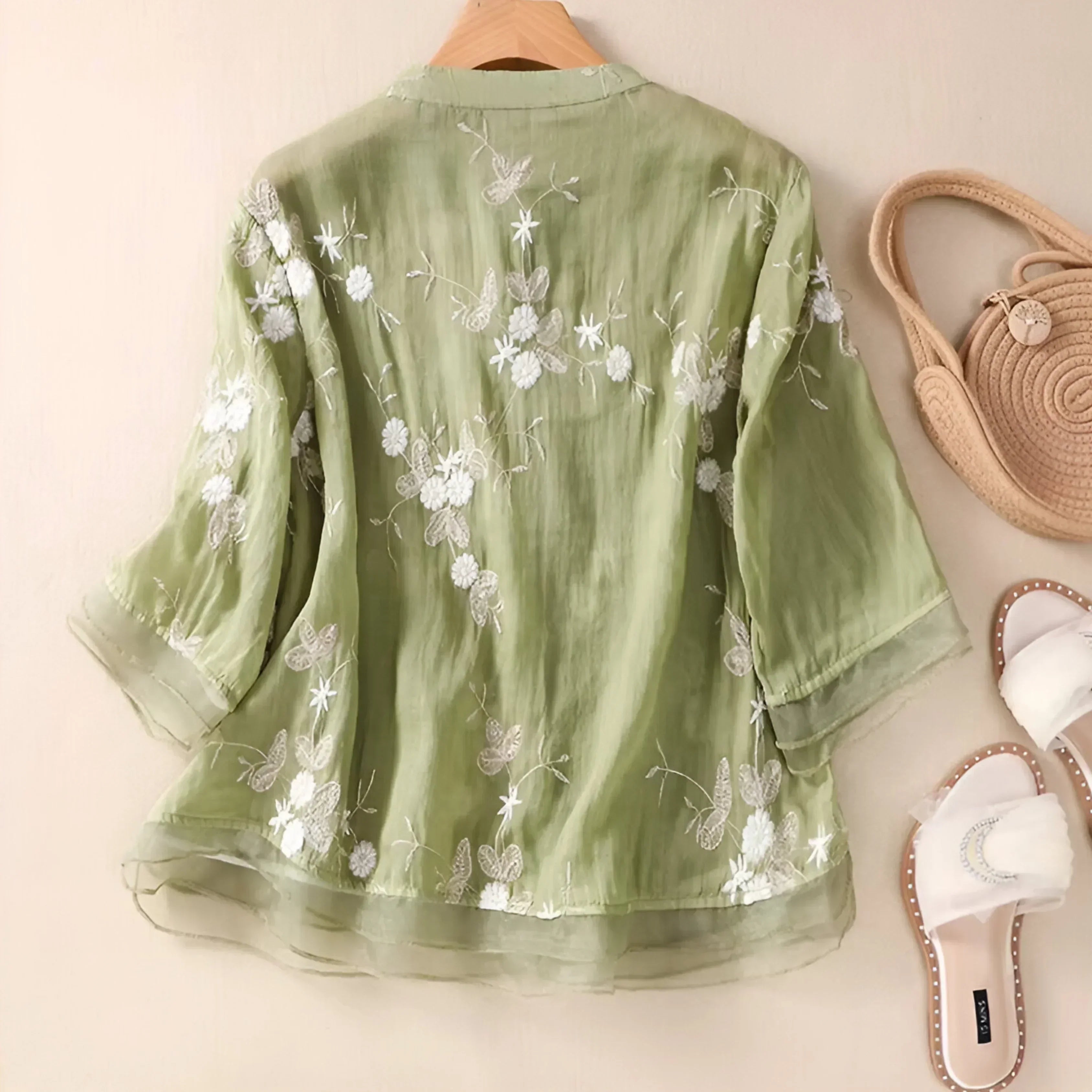 Women's Floral Embroidered Blouse Long Sleeve Button-Down Sheer Casual Summer Top - Victrafia