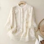 Women's Floral Embroidered Blouse Long Sleeve Button-Down Sheer Casual Summer Top - Victrafia