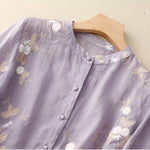 Women's Floral Embroidered Blouse Long Sleeve Button-Down Sheer Casual Summer Top - Victrafia