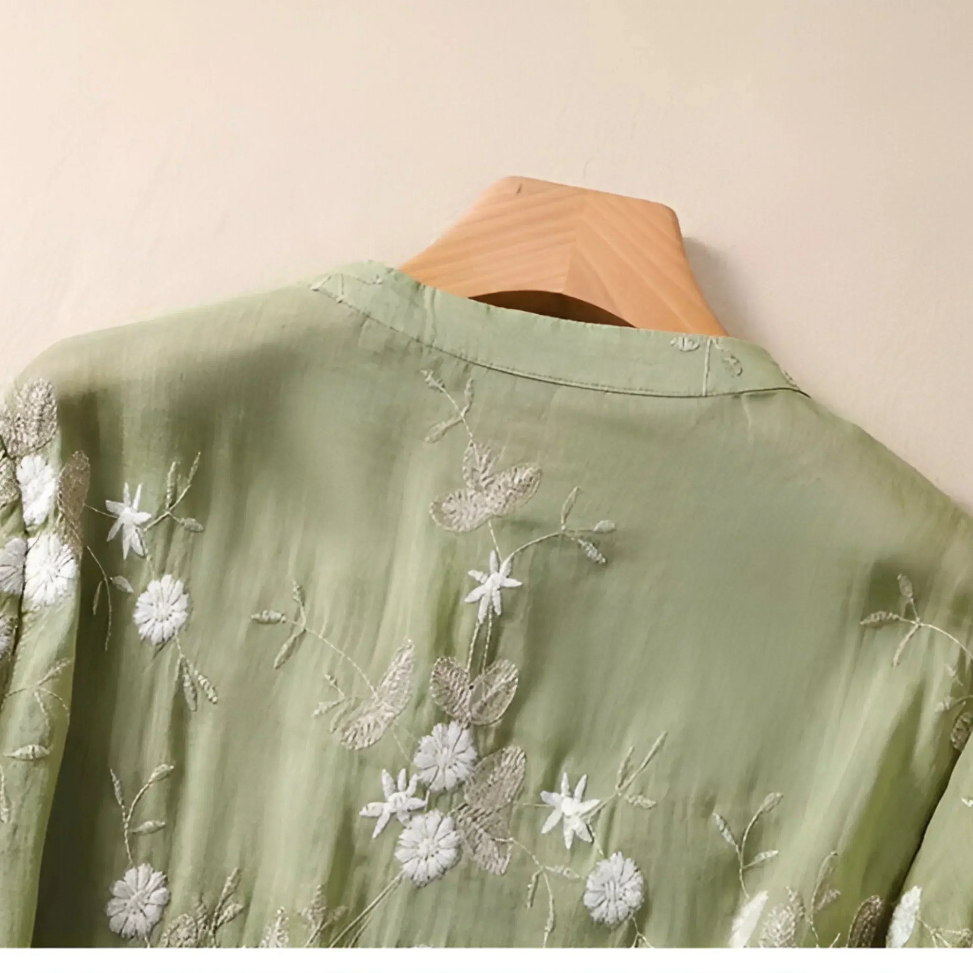 Women's Floral Embroidered Blouse Long Sleeve Button-Down Sheer Casual Summer Top - Victrafia