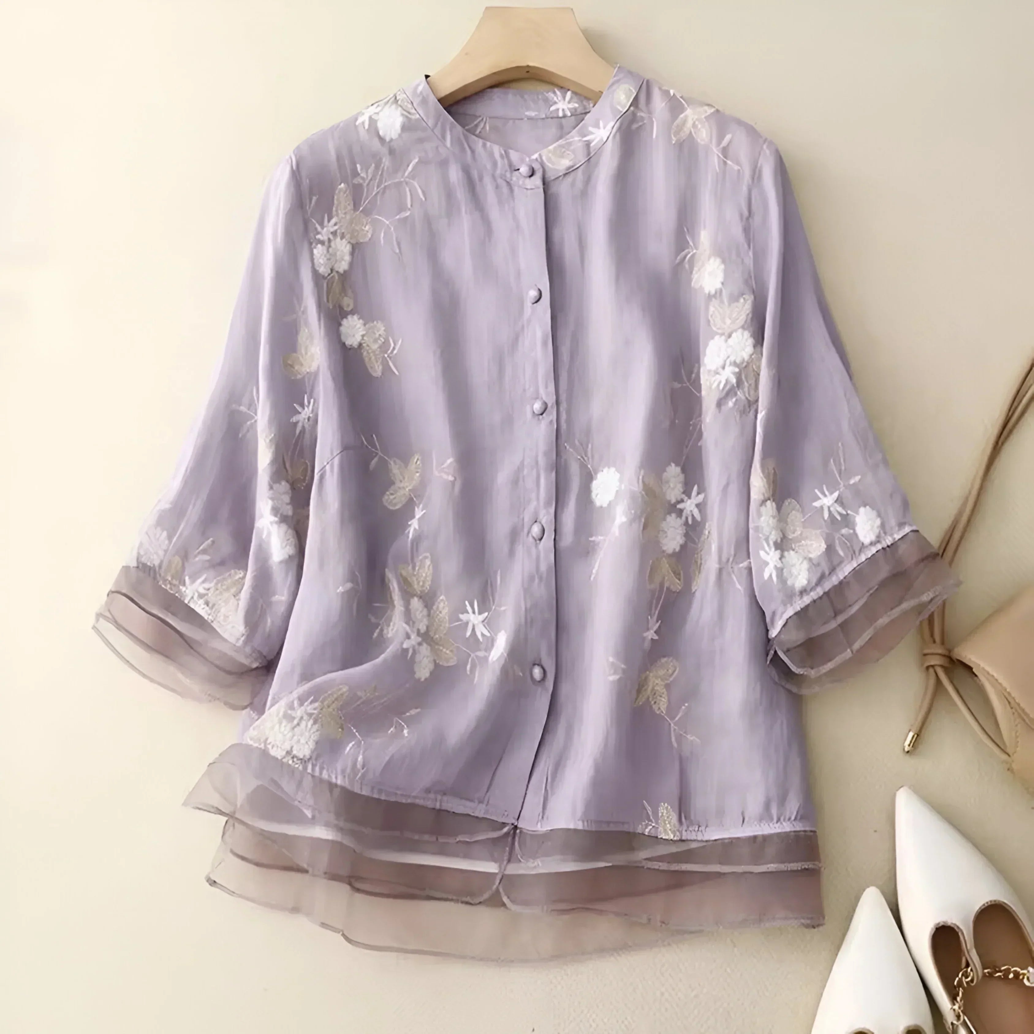 Women's Floral Embroidered Blouse Long Sleeve Button-Down Sheer Casual Summer Top - Victrafia