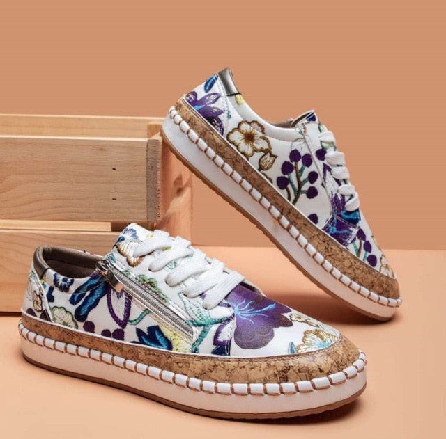 Women's Floral Espadrille Sneakers Lace-Up Platform Casual Boho Shoes - Victrafia