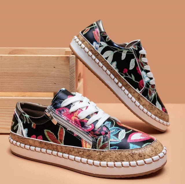 Women's Floral Espadrille Sneakers Lace-Up Platform Casual Boho Shoes - Victrafia