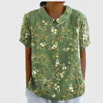 Women's Floral Linen Blouse Short Sleeve Peter Pan Collar Casual Summer Top - Victrafia