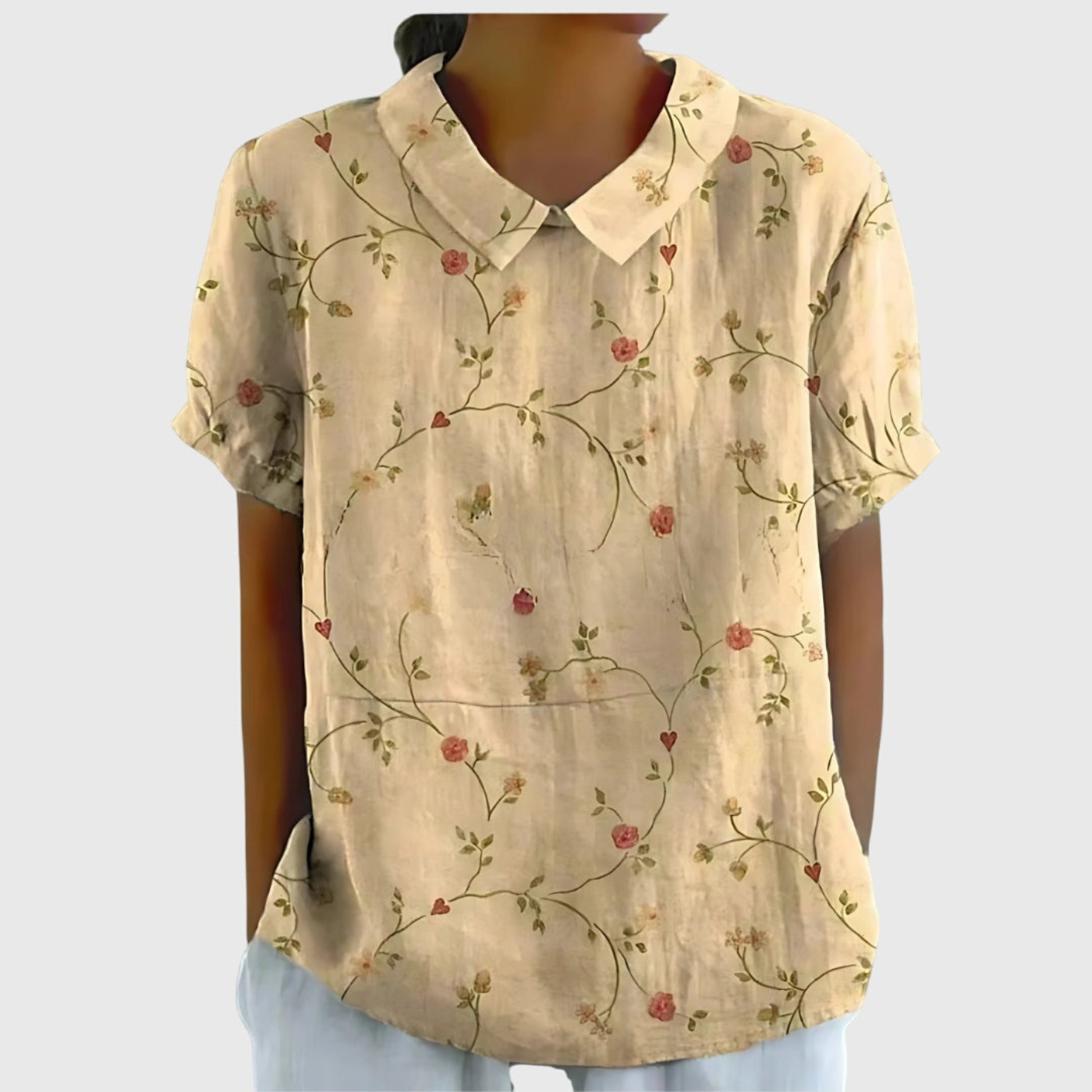 Women's Floral Linen Blouse Short Sleeve Peter Pan Collar Casual Summer Top - Victrafia