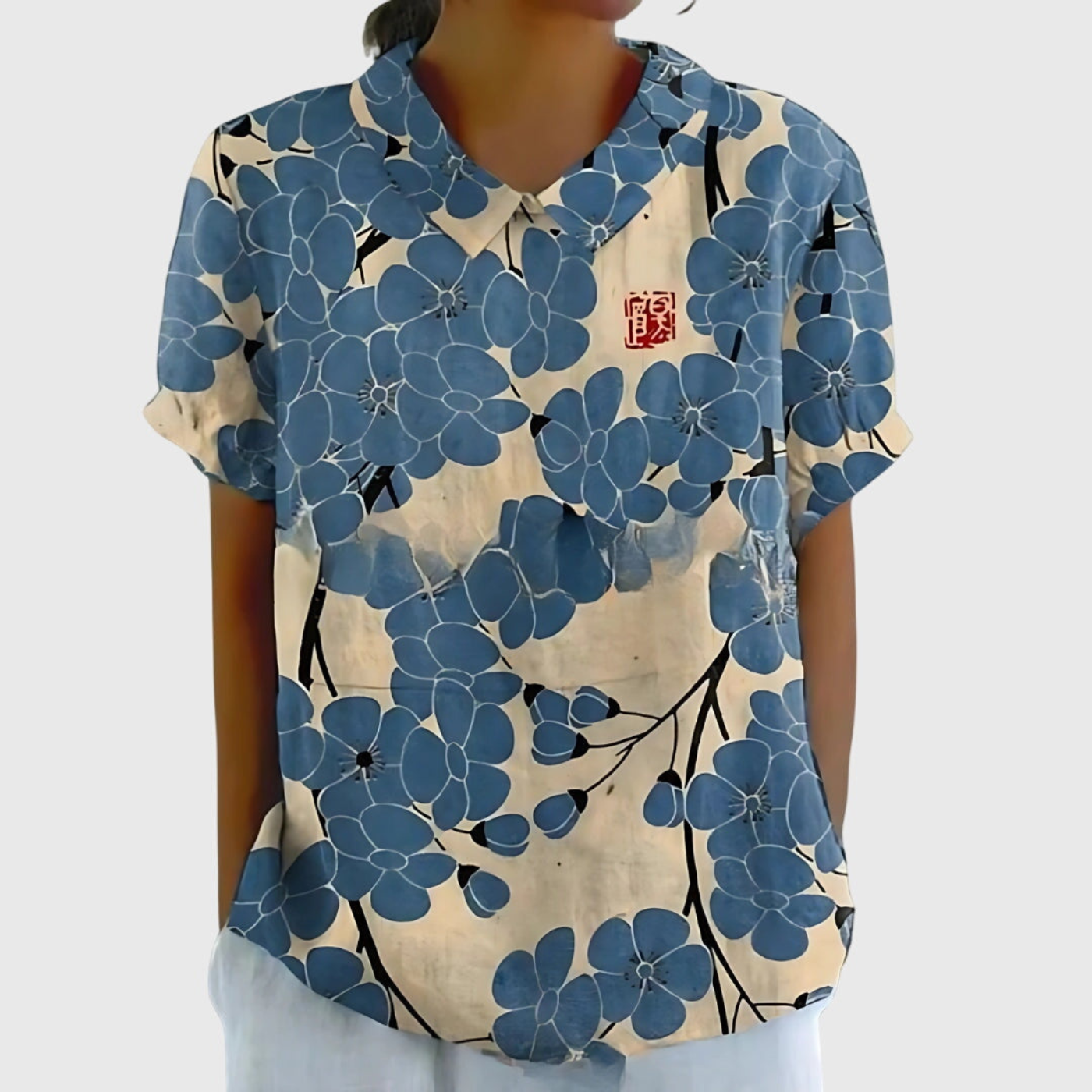 Women's Floral Linen Blouse Short Sleeve Peter Pan Collar Casual Summer Top - Victrafia