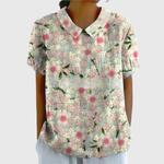 Women's Floral Linen Blouse Short Sleeve Peter Pan Collar Casual Summer Top - Victrafia