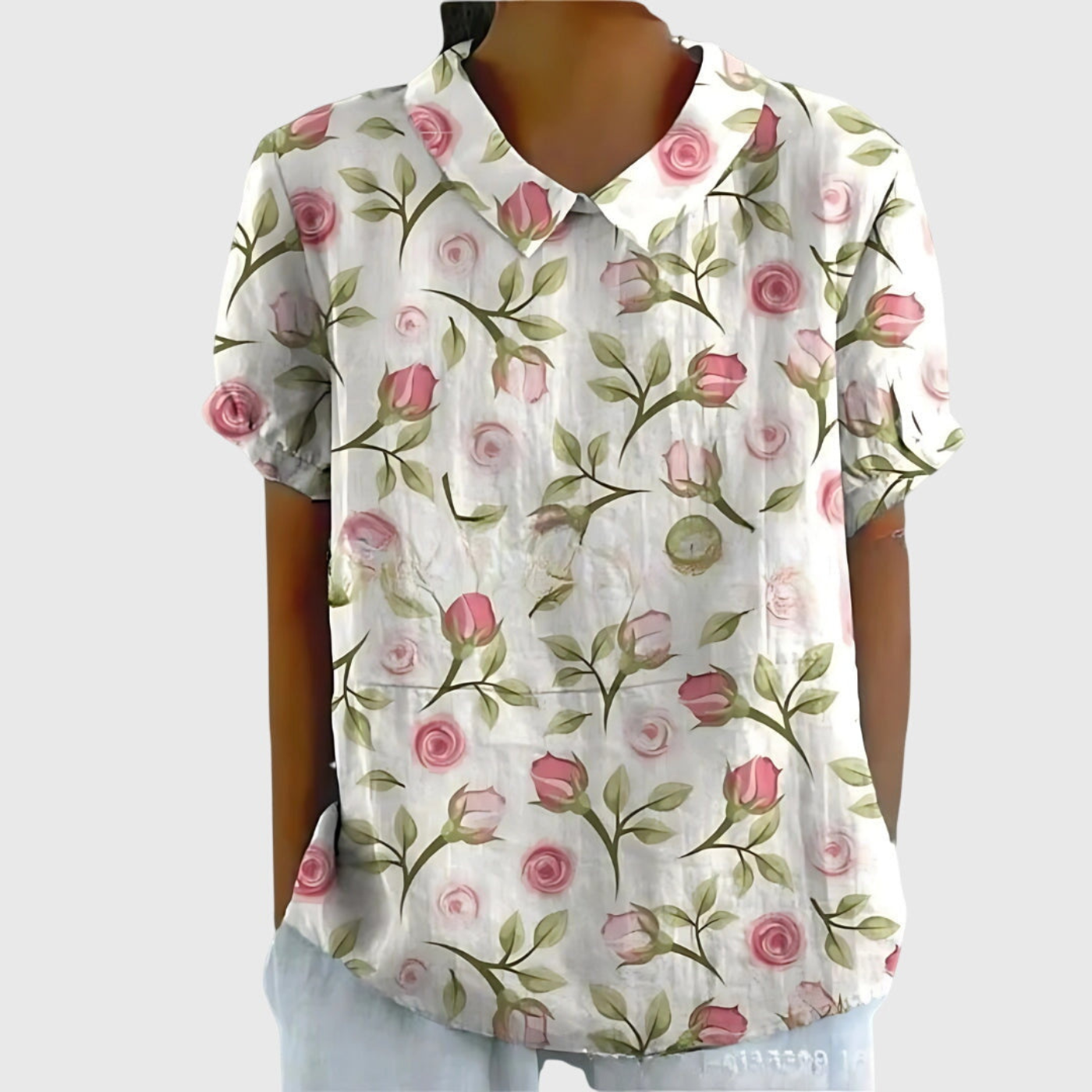 Women's Floral Linen Blouse Short Sleeve Peter Pan Collar Casual Summer Top - Victrafia