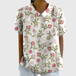 Women's Floral Linen Blouse Short Sleeve Peter Pan Collar Casual Summer Top - Victrafia