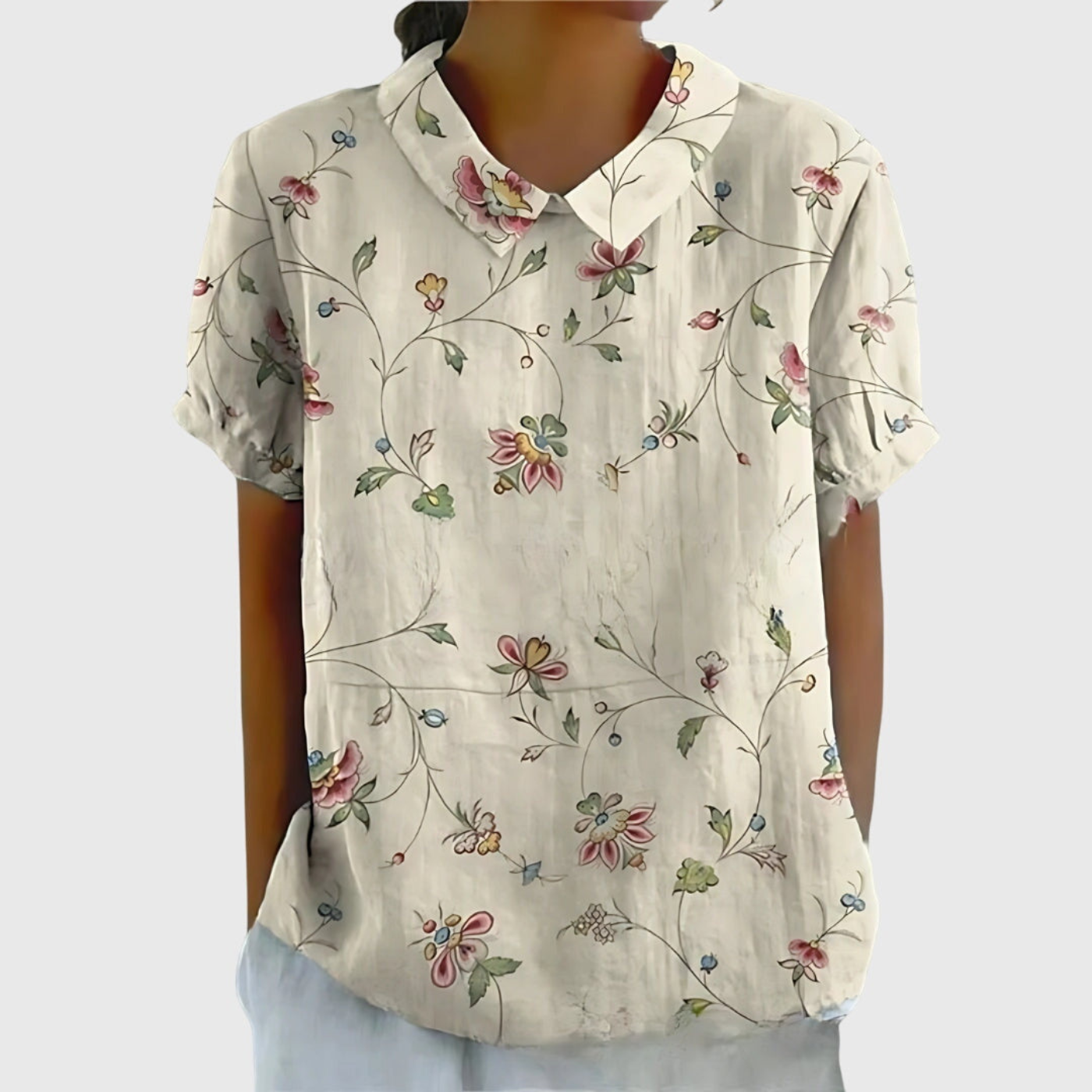 Women's Floral Linen Blouse Short Sleeve Peter Pan Collar Casual Summer Top - Victrafia