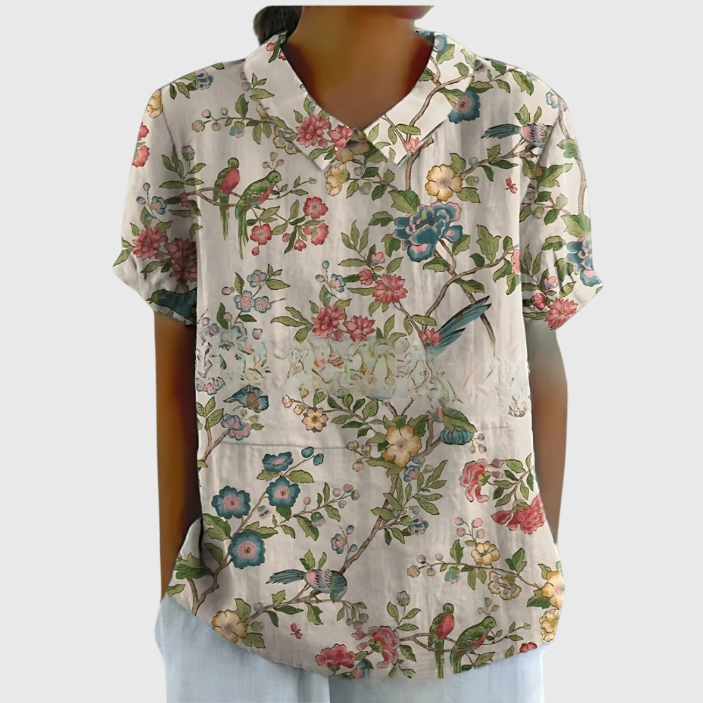 Women's Floral Linen Blouse Short Sleeve Peter Pan Collar Casual Summer Top - Victrafia