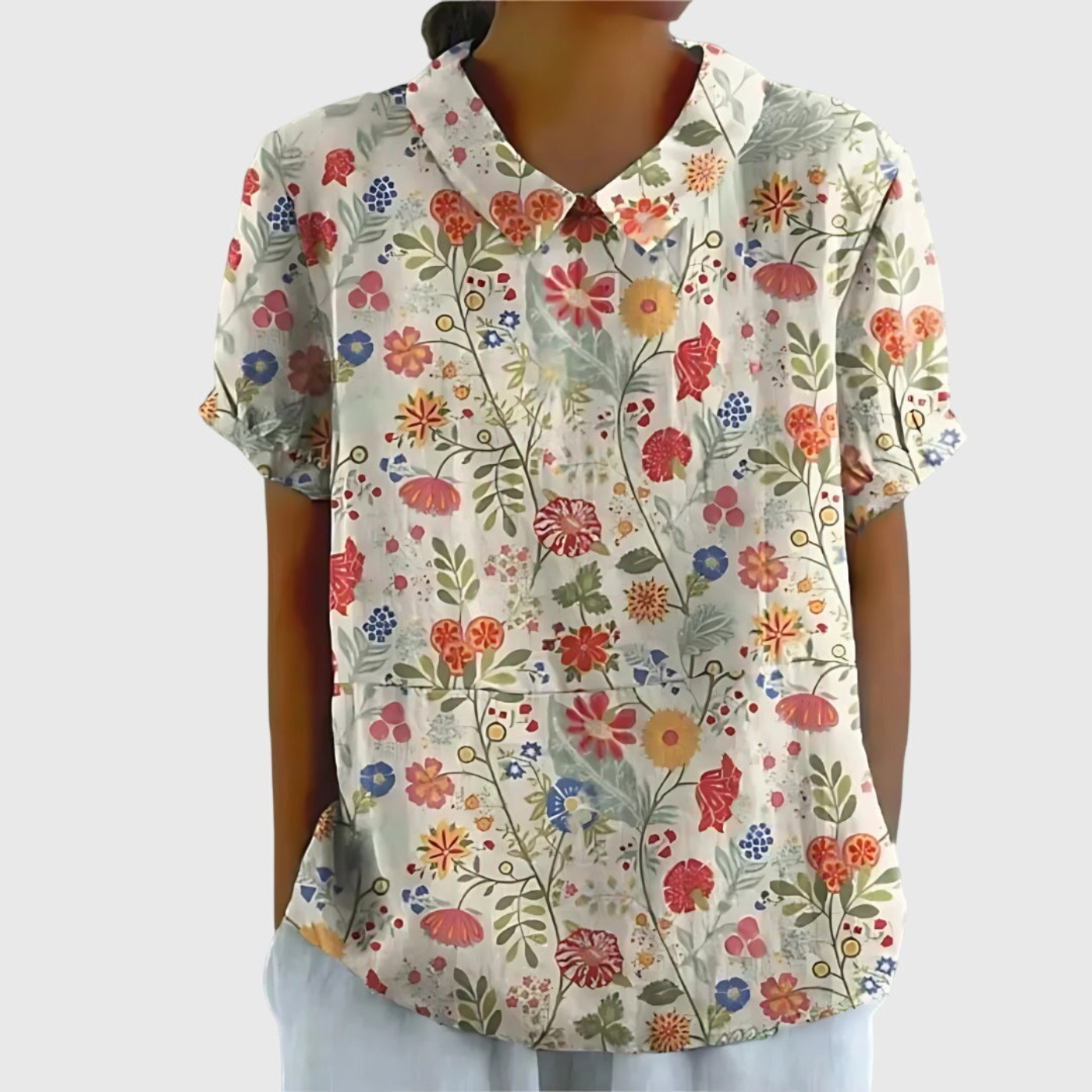 Women's Floral Linen Blouse Short Sleeve Peter Pan Collar Casual Summer Top - Victrafia