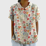 Women's Floral Linen Blouse Short Sleeve Peter Pan Collar Casual Summer Top - Victrafia