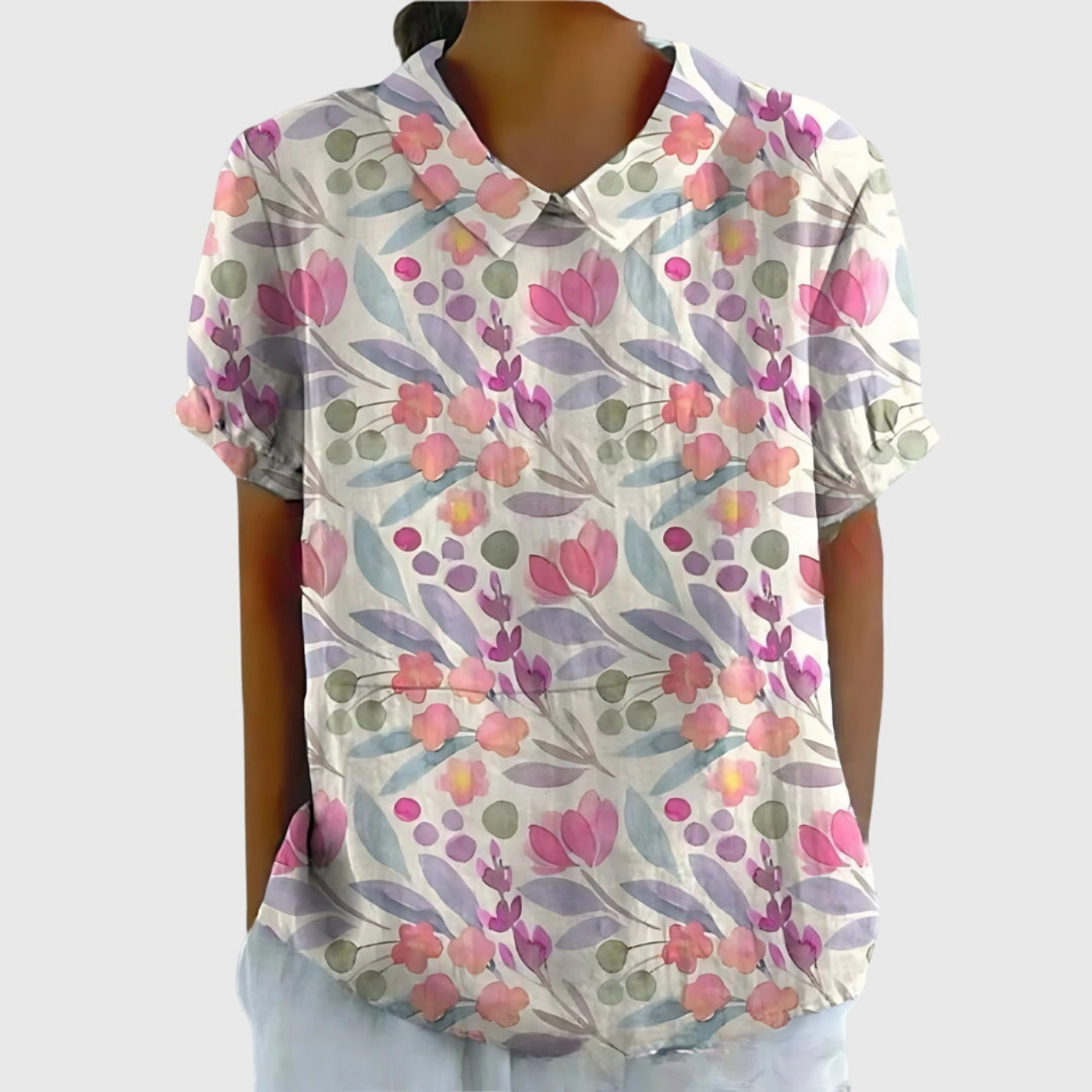 Women's Floral Linen Blouse Short Sleeve Peter Pan Collar Casual Summer Top - Victrafia