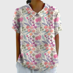 Women's Floral Linen Blouse Short Sleeve Peter Pan Collar Casual Summer Top - Victrafia
