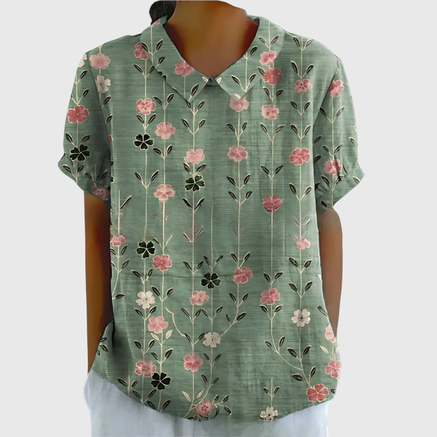 Women's Floral Linen Blouse Short Sleeve Peter Pan Collar Casual Summer Top - Victrafia