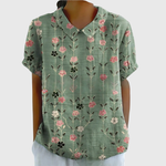 Women's Floral Linen Blouse Short Sleeve Peter Pan Collar Casual Summer Top - Victrafia