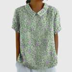 Women's Floral Linen Blouse Short Sleeve Peter Pan Collar Casual Summer Top - Victrafia