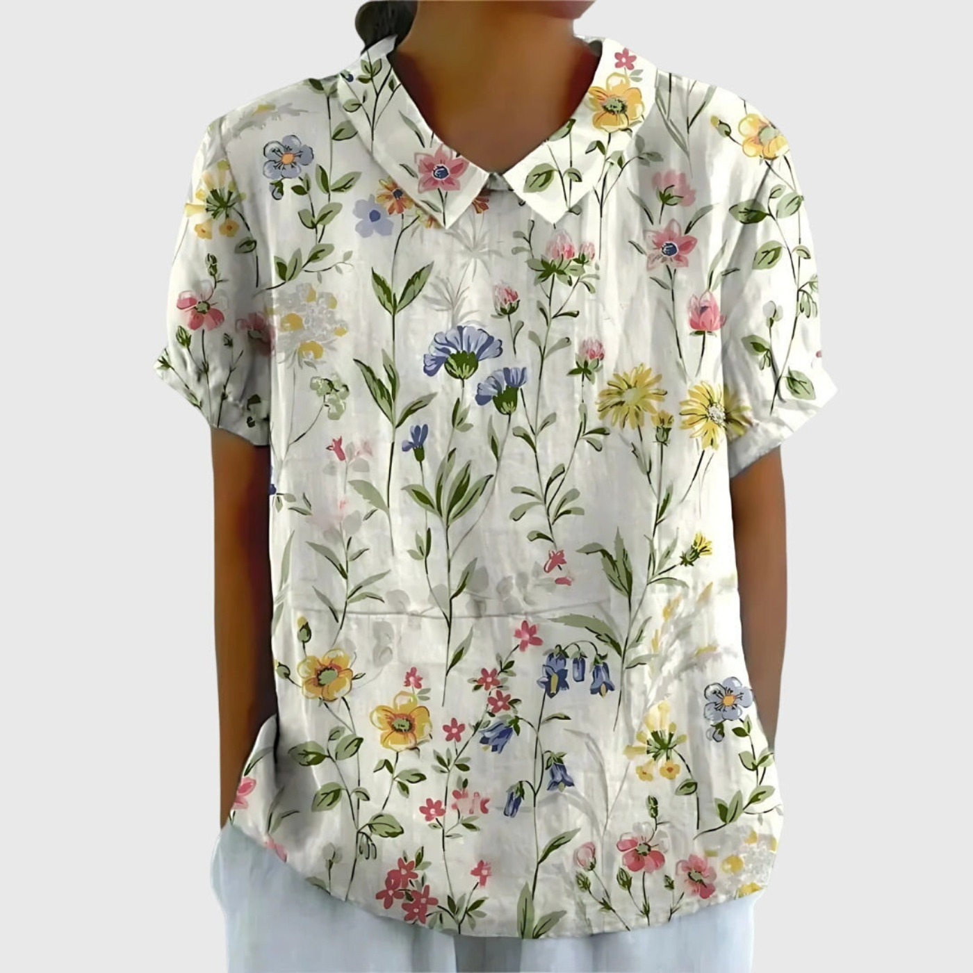 Women's Floral Linen Blouse Short Sleeve Peter Pan Collar Casual Summer Top - Victrafia