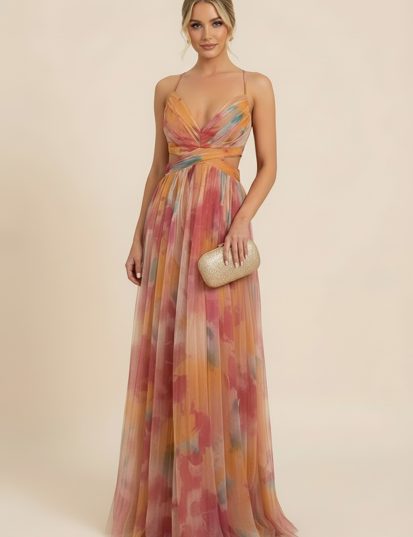 Women's Floral Maxi Dress Sleeveless Draped Wedding Guest Formal Evening Gown - Victrafia