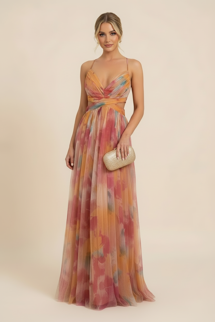 Women's Floral Maxi Dress Sleeveless Draped Wedding Guest Formal Evening Gown - Victrafia