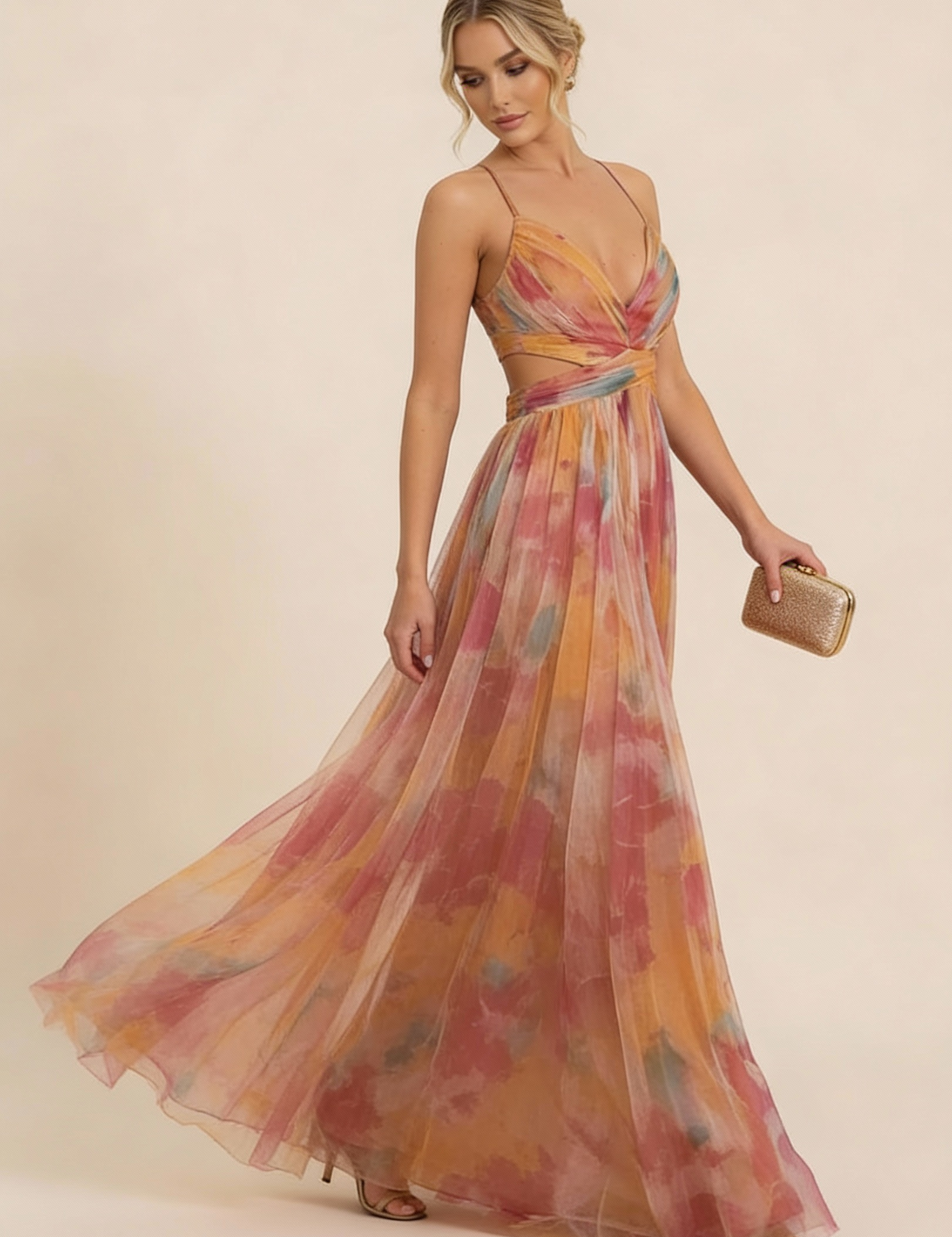 Women's Floral Maxi Dress Sleeveless Draped Wedding Guest Formal Evening Gown - Victrafia