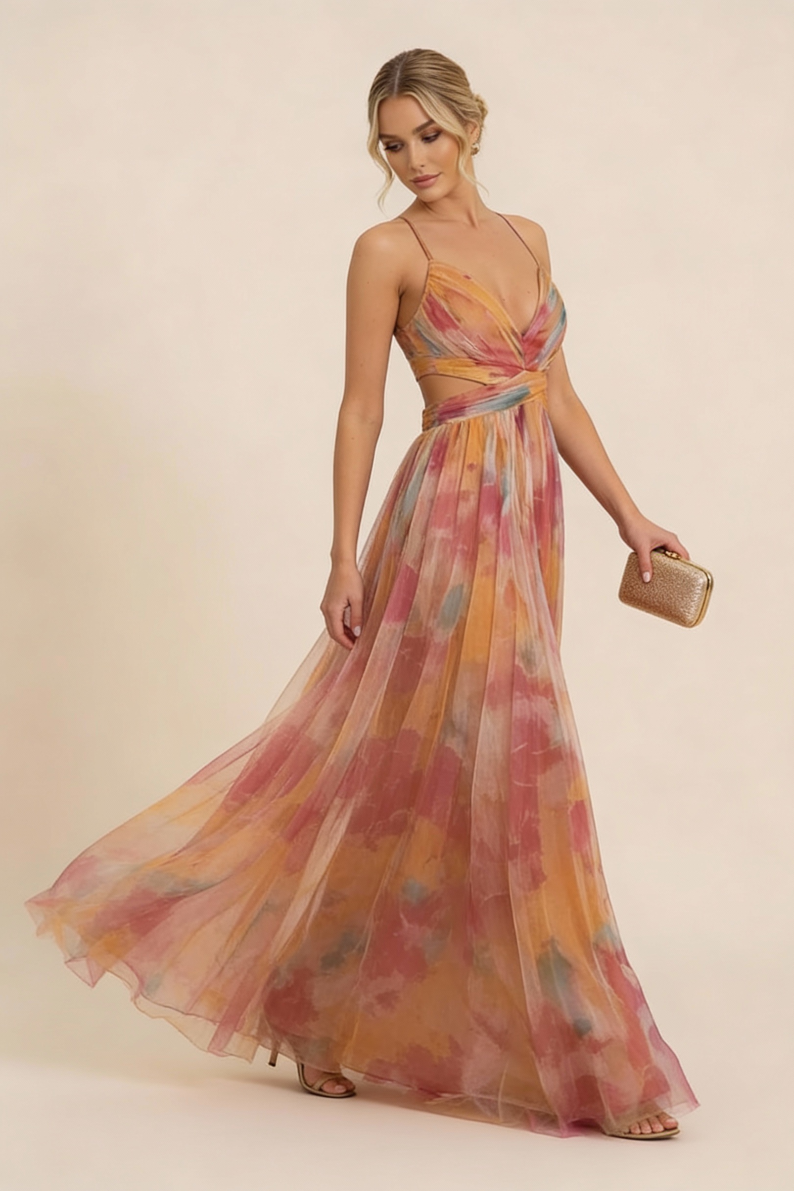 Women's Floral Maxi Dress Sleeveless Draped Wedding Guest Formal Evening Gown - Victrafia