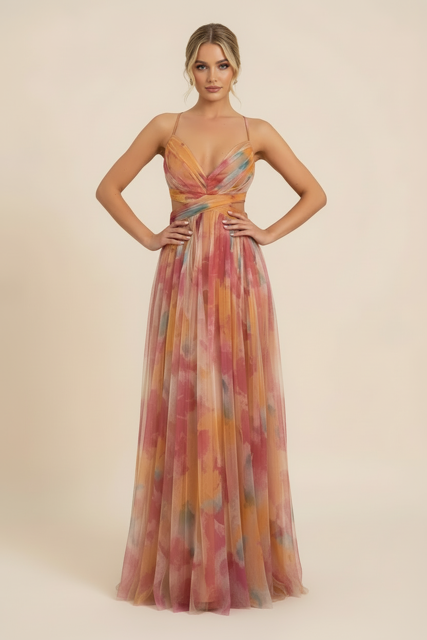 Women's Floral Maxi Dress Sleeveless Draped Wedding Guest Formal Evening Gown - Victrafia