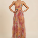 Women's Floral Maxi Dress Sleeveless Draped Wedding Guest Formal Evening Gown - Victrafia
