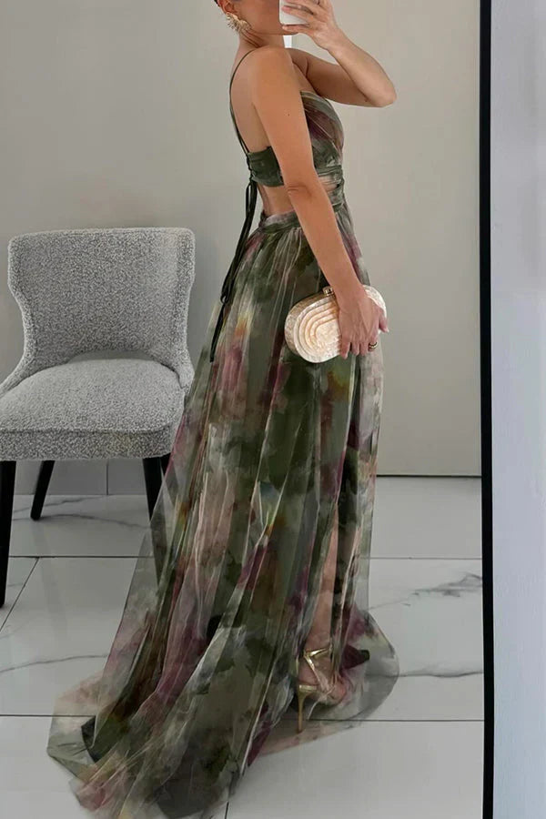 Women's Floral Maxi Dress Sleeveless Draped Wedding Guest Formal Evening Gown - Victrafia