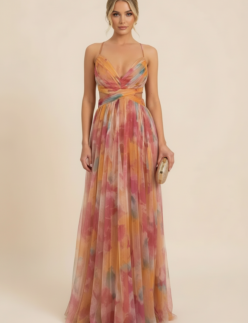 Women's Floral Maxi Dress Sleeveless Draped Wedding Guest Formal Evening Gown - Victrafia