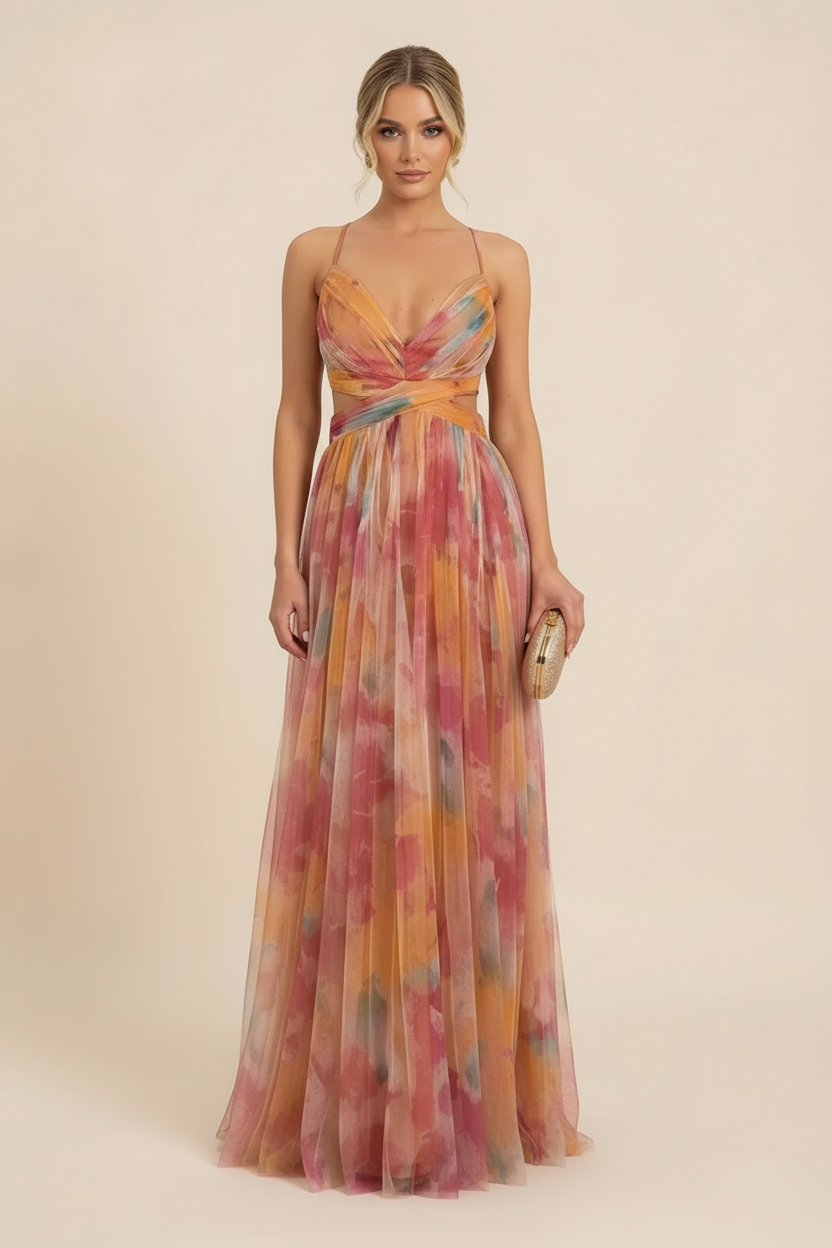 Women's Floral Maxi Dress Sleeveless Draped Wedding Guest Formal Evening Gown - Victrafia