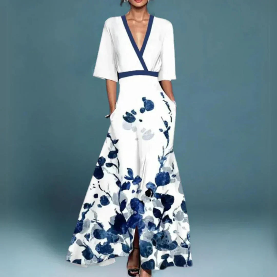 Women's Floral Maxi Dress V-Neck Wedding Guest Garden Party Evening Gown - Victrafia