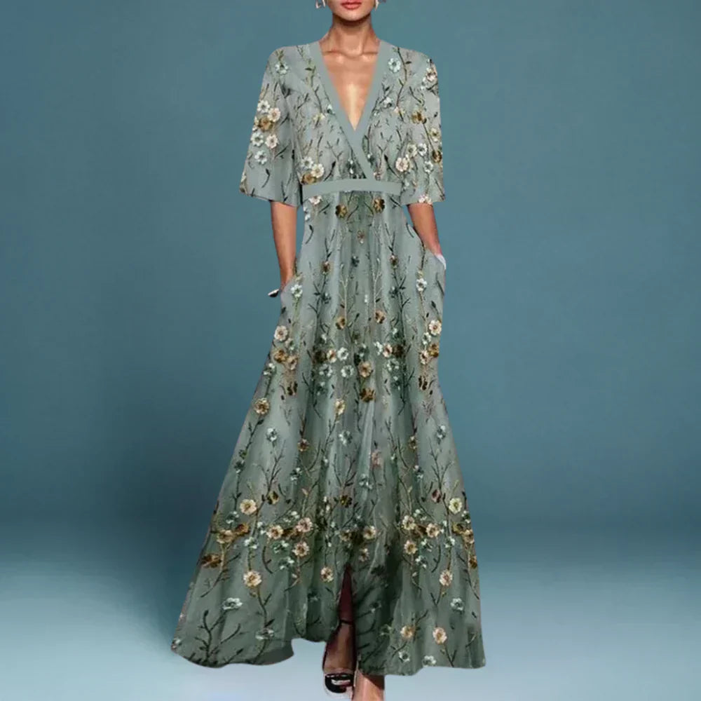 Women's Floral Maxi Dress V-Neck Wedding Guest Garden Party Evening Gown - Victrafia