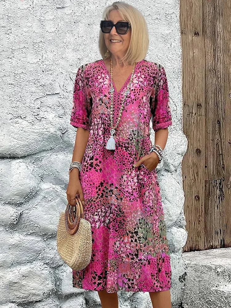 Women's Floral Midi Dress V-Neck Short Sleeve Summer Vacation Boho - Victrafia
