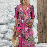 Women's Floral Midi Dress V-Neck Short Sleeve Summer Vacation Boho - Victrafia