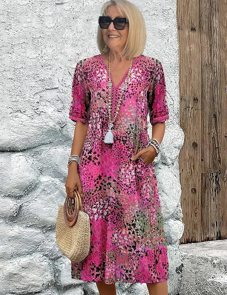 Women's Floral Midi Dress V-Neck Short Sleeve Summer Vacation Boho - Victrafia