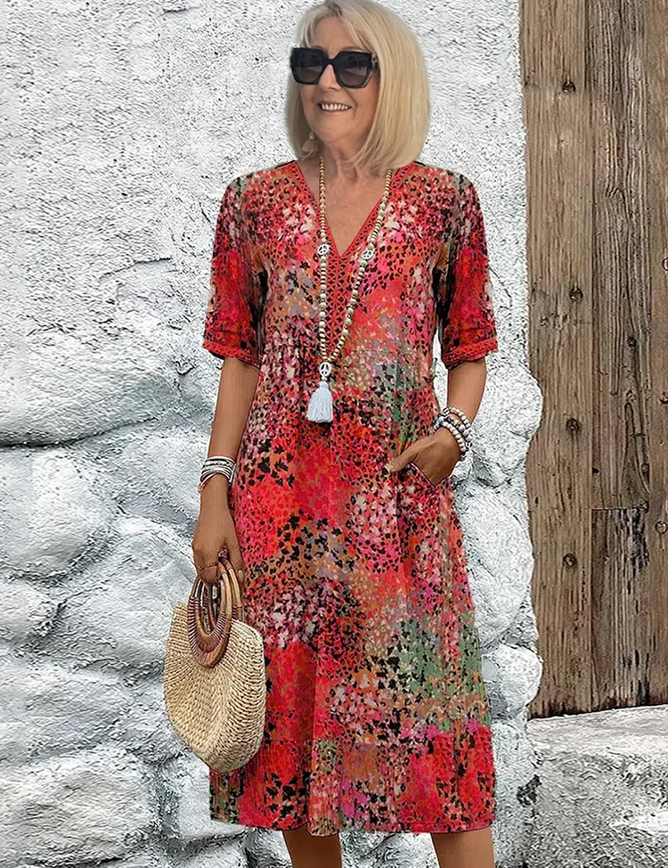 Women's Floral Midi Dress V-Neck Short Sleeve Summer Vacation Boho - Victrafia