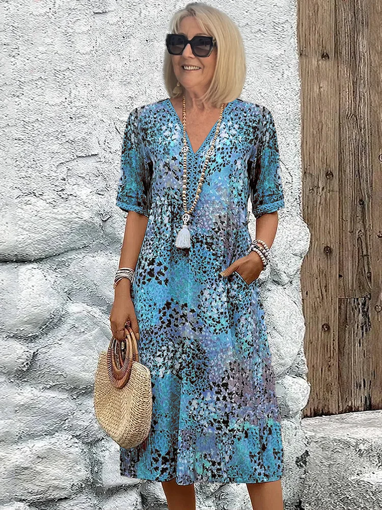 Women's Floral Midi Dress V-Neck Short Sleeve Summer Vacation Boho - Victrafia