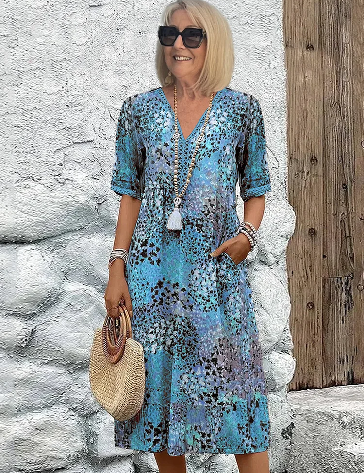 Women's Floral Midi Dress V-Neck Short Sleeve Summer Vacation Boho - Victrafia