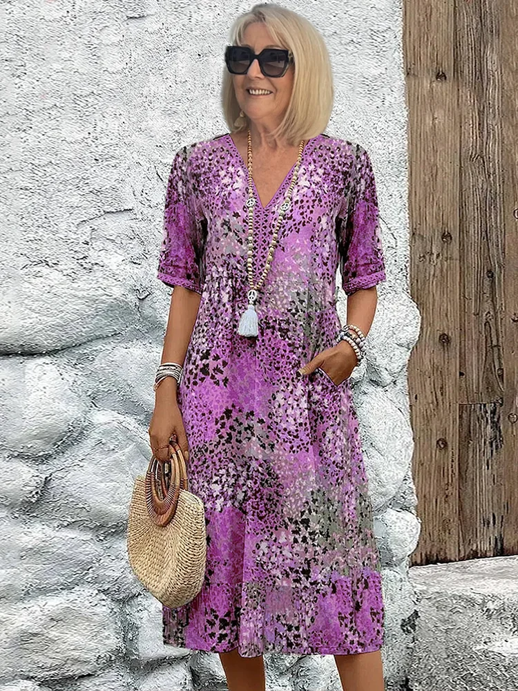 Women's Floral Midi Dress V-Neck Short Sleeve Summer Vacation Boho - Victrafia