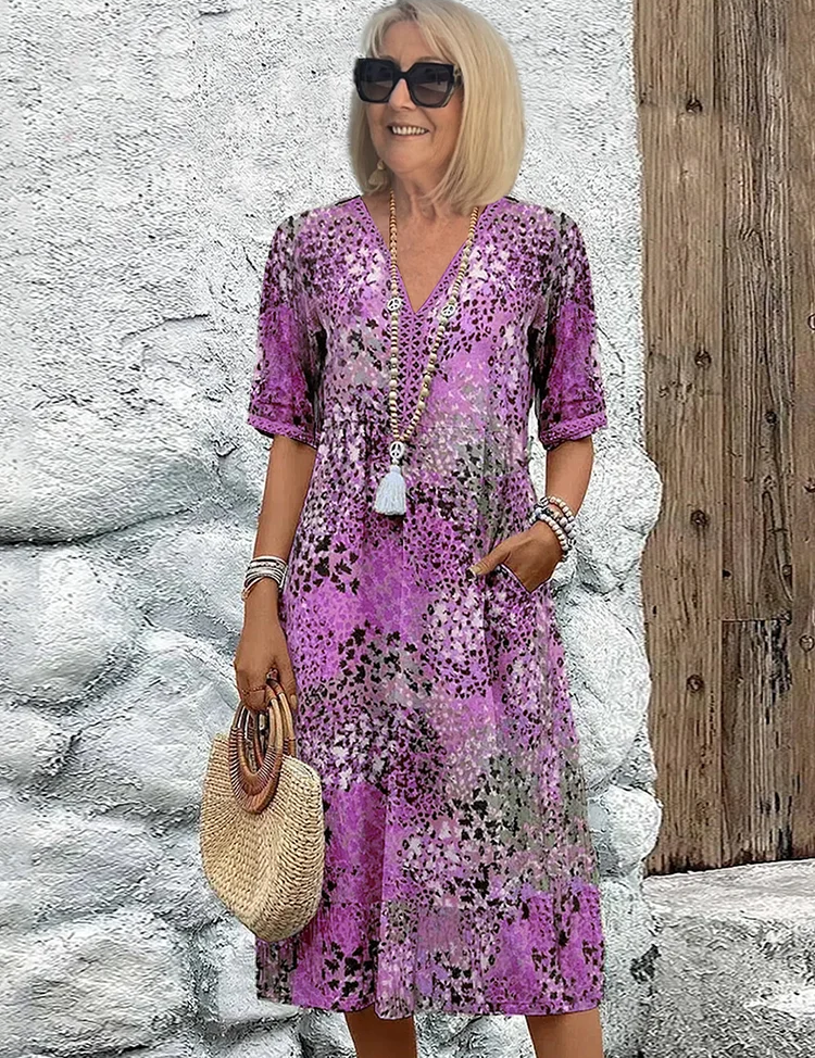 Women's Floral Midi Dress V-Neck Short Sleeve Summer Vacation Boho - Victrafia