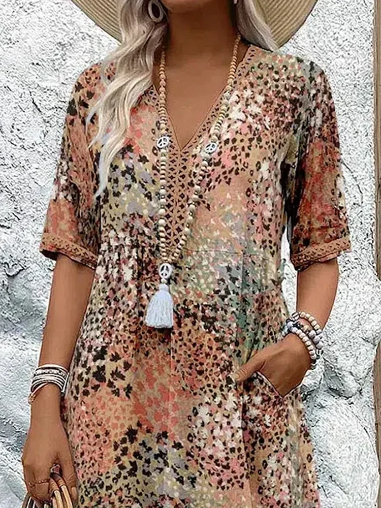Women's Floral Midi Dress V-Neck Short Sleeve Summer Vacation Boho - Victrafia