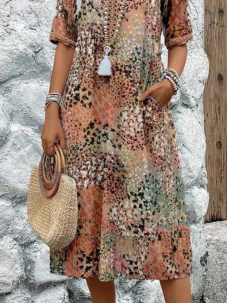 Women's Floral Midi Dress V-Neck Short Sleeve Summer Vacation Boho - Victrafia
