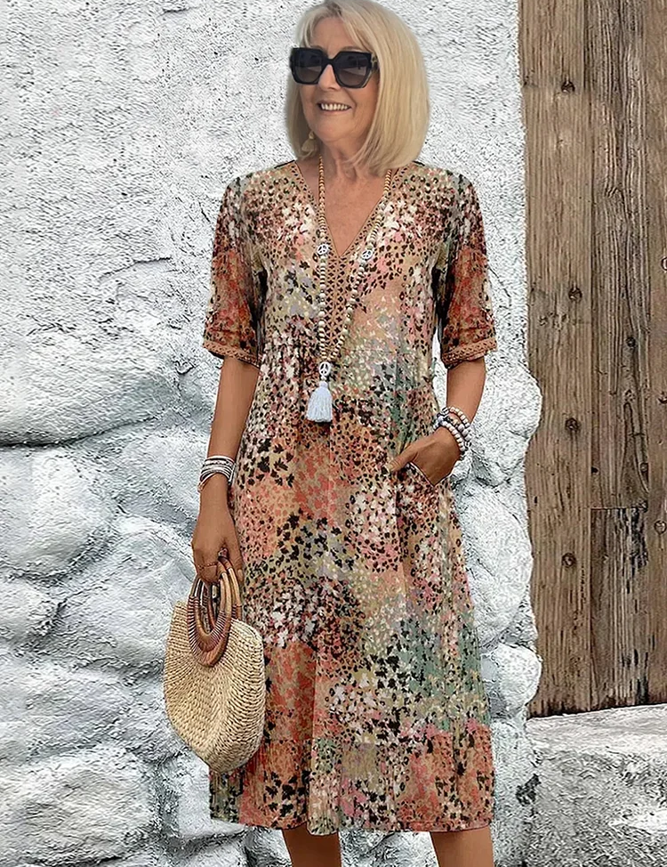 Women's Floral Midi Dress V-Neck Short Sleeve Summer Vacation Boho - Victrafia
