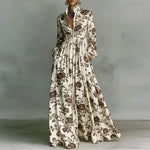 Women's Geometric Print Maxi Dress Long Sleeve High-Waist Pleated Shirt Collar Button-Front Boho Vacation - Victrafia