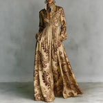 Women's Geometric Print Maxi Dress Long Sleeve High-Waist Pleated Shirt Collar Button-Front Boho Vacation - Victrafia