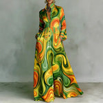 Women's Geometric Print Maxi Dress Long Sleeve High-Waist Pleated Shirt Collar Button-Front Boho Vacation - Victrafia