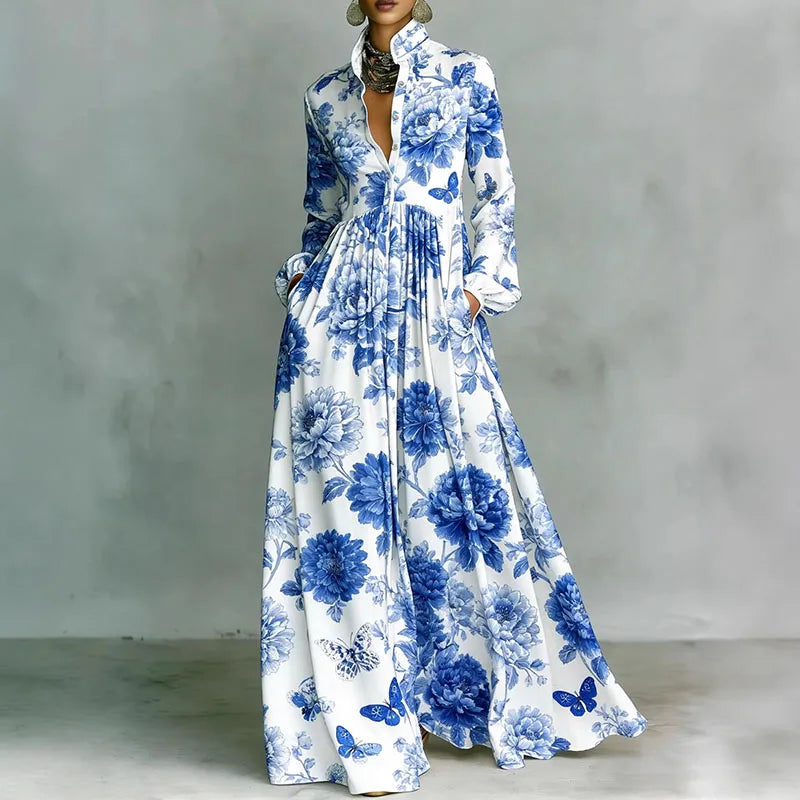 Women's Geometric Print Maxi Dress Long Sleeve High-Waist Pleated Shirt Collar Button-Front Boho Vacation - Victrafia
